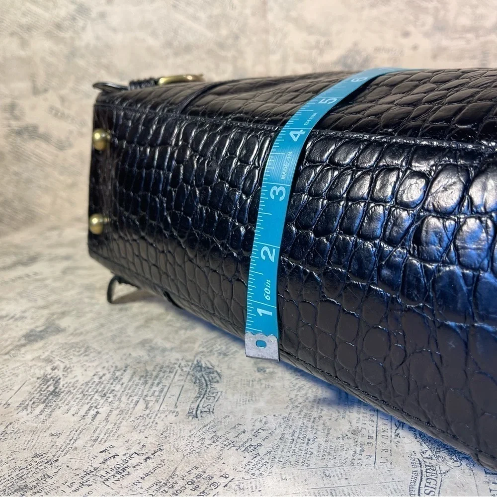 Banana Republic Black Croc Embossed Leather Satchel Work Tote Gold Hardware